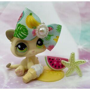 Authentic Littlest Pet Shop # 1074 Cream Gray White Baby Kitten Cat Green Eyes